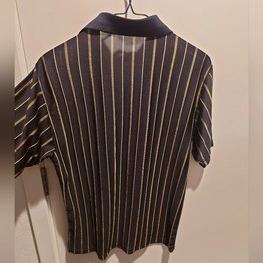 Yves Saint Laurent Silk Navy Blue and Gold Striped Polo - Picture 5 of 6